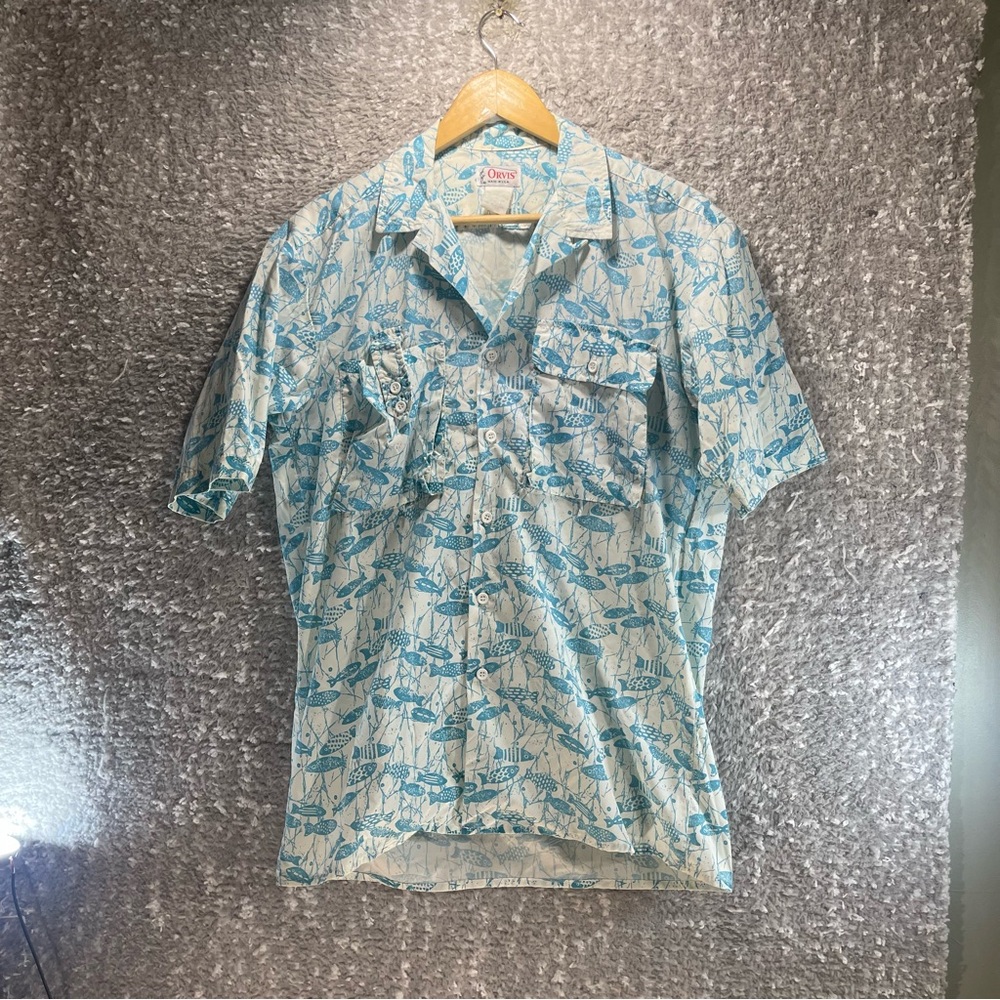 Vintage Orvis Fishing All‎ Over Print Button Shirt Men's Size Small Made In USA